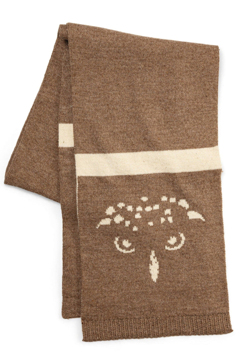 Load image into Gallery viewer, Brown knitted scarf with a white owl design on a white background
