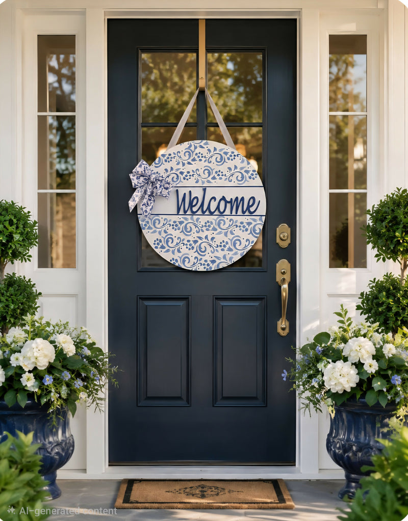 Load image into Gallery viewer, Blue and White Floral Welcome Sign
