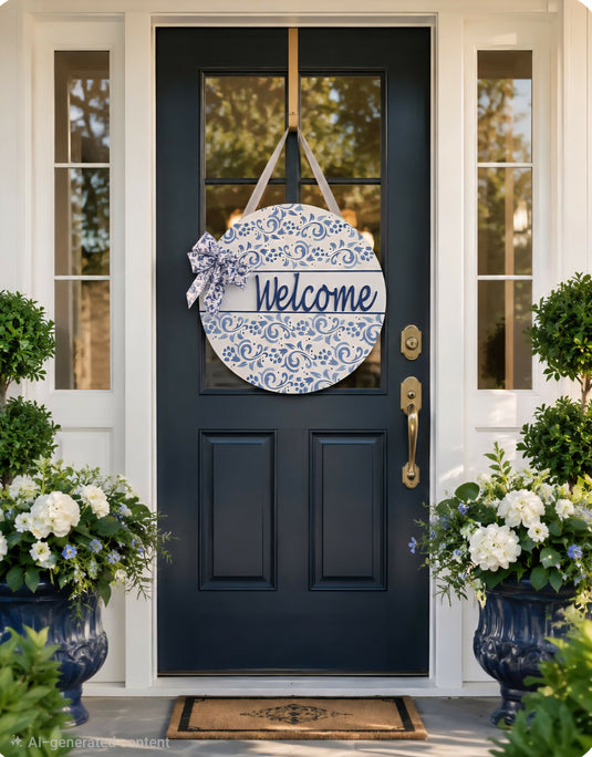 Blue and White Floral Welcome Sign