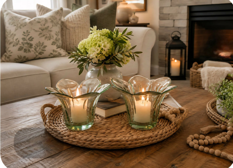 Load image into Gallery viewer, Green Glass Petal Candle Holders
