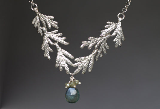 Cedar Bough with Moss Aquamarine & Green Garnet Necklace