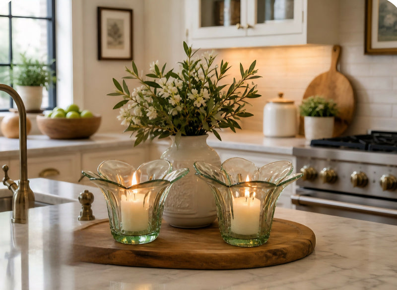 Load image into Gallery viewer, Green Glass Petal Candle Holders
