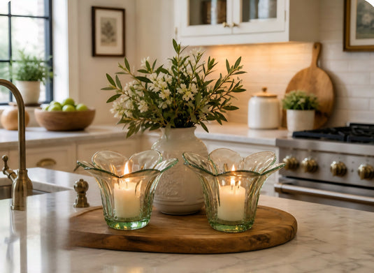 Green Glass Petal Candle Holders