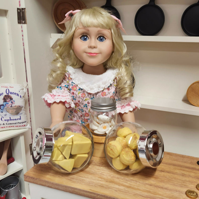 Load image into Gallery viewer, Little House on the Prairie Oleson's Mercantile 18 In Doll Store Stock Food Accessory, Cheese, Biscuits, &amp; Eggs in Glass Jars
