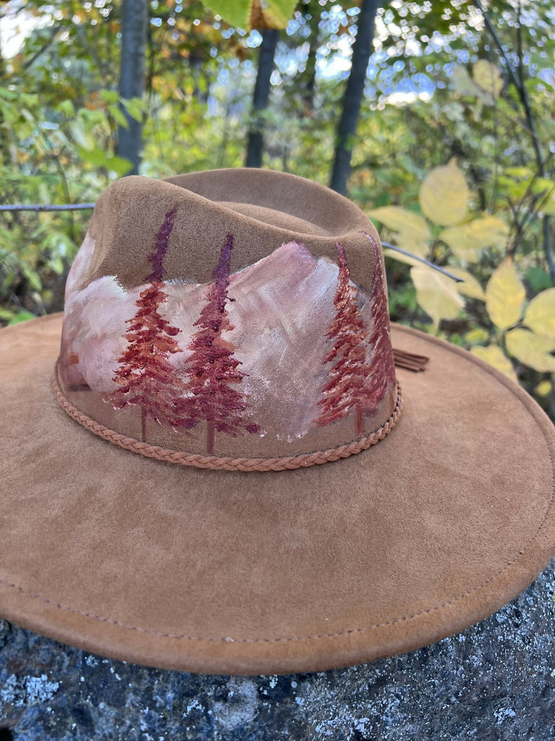 Load image into Gallery viewer, Wide brim hat with painted mountainscape
