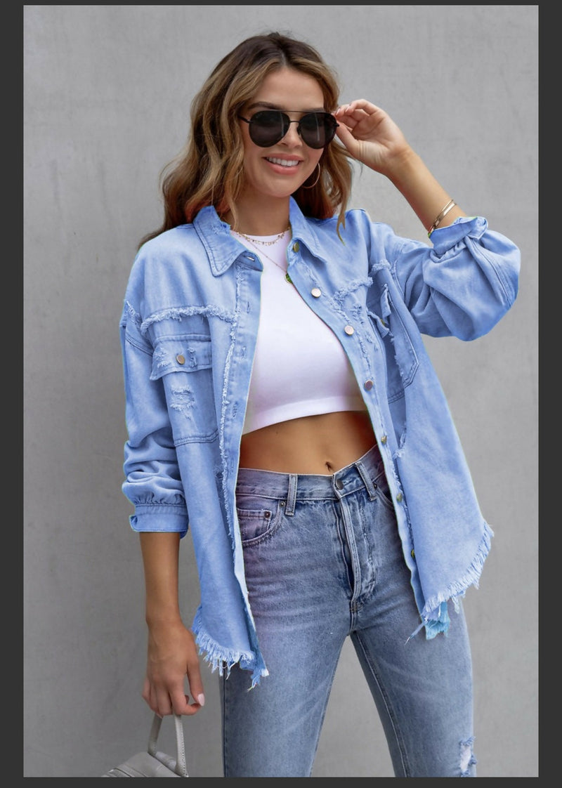 Load image into Gallery viewer, Old Solid Color Denim Coat with Lapel &amp; Ripped Raw Edge
