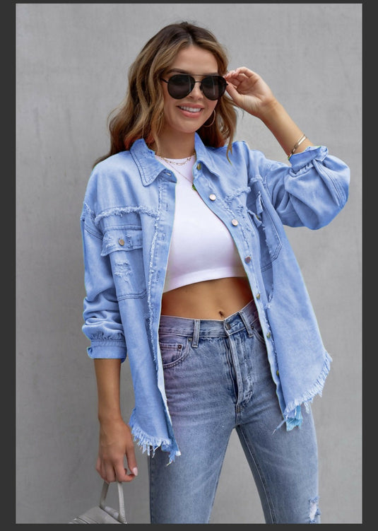 Old Solid Color Denim Coat with Lapel & Ripped Raw Edge