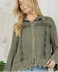 Artisan Boho Lace Trim Button-Front Blouse