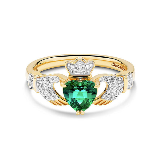 14kt Gold Lab Diamond and Emerald Claddagh Banded Set Ring