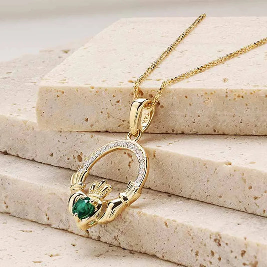 14kt Gold Lab Diamond + Emerald Claddagh Necklace .10ct