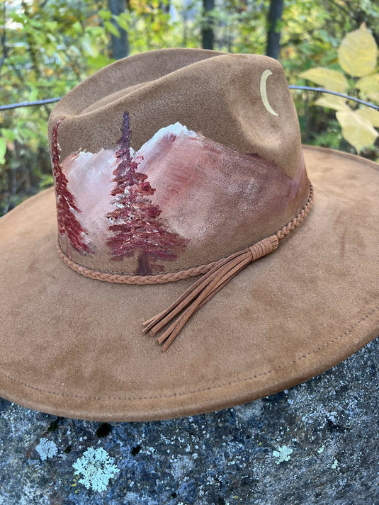 Wide brim hat with painted mountainscape