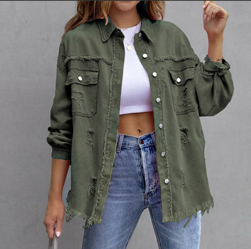 Load image into Gallery viewer, Old Solid Color Denim Coat with Lapel &amp; Ripped Raw Edge
