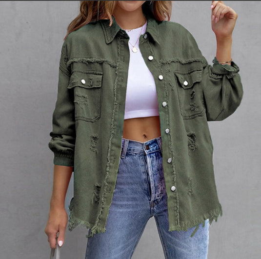 Old Solid Color Denim Coat with Lapel & Ripped Raw Edge