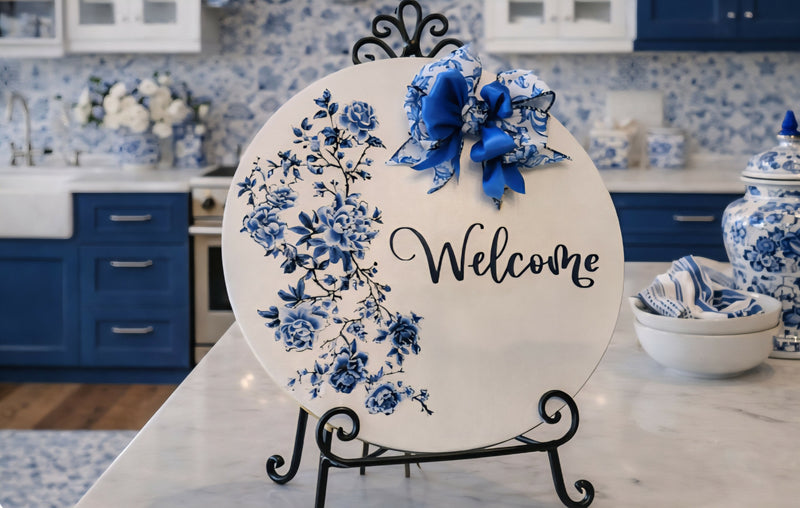 Load image into Gallery viewer, Blue and White Floral Welcome Sign
