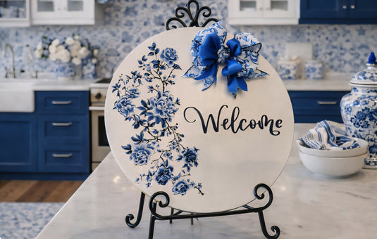 Blue and White Floral Welcome Sign