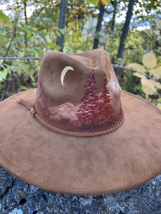 Wide brim hat with painted mountainscape